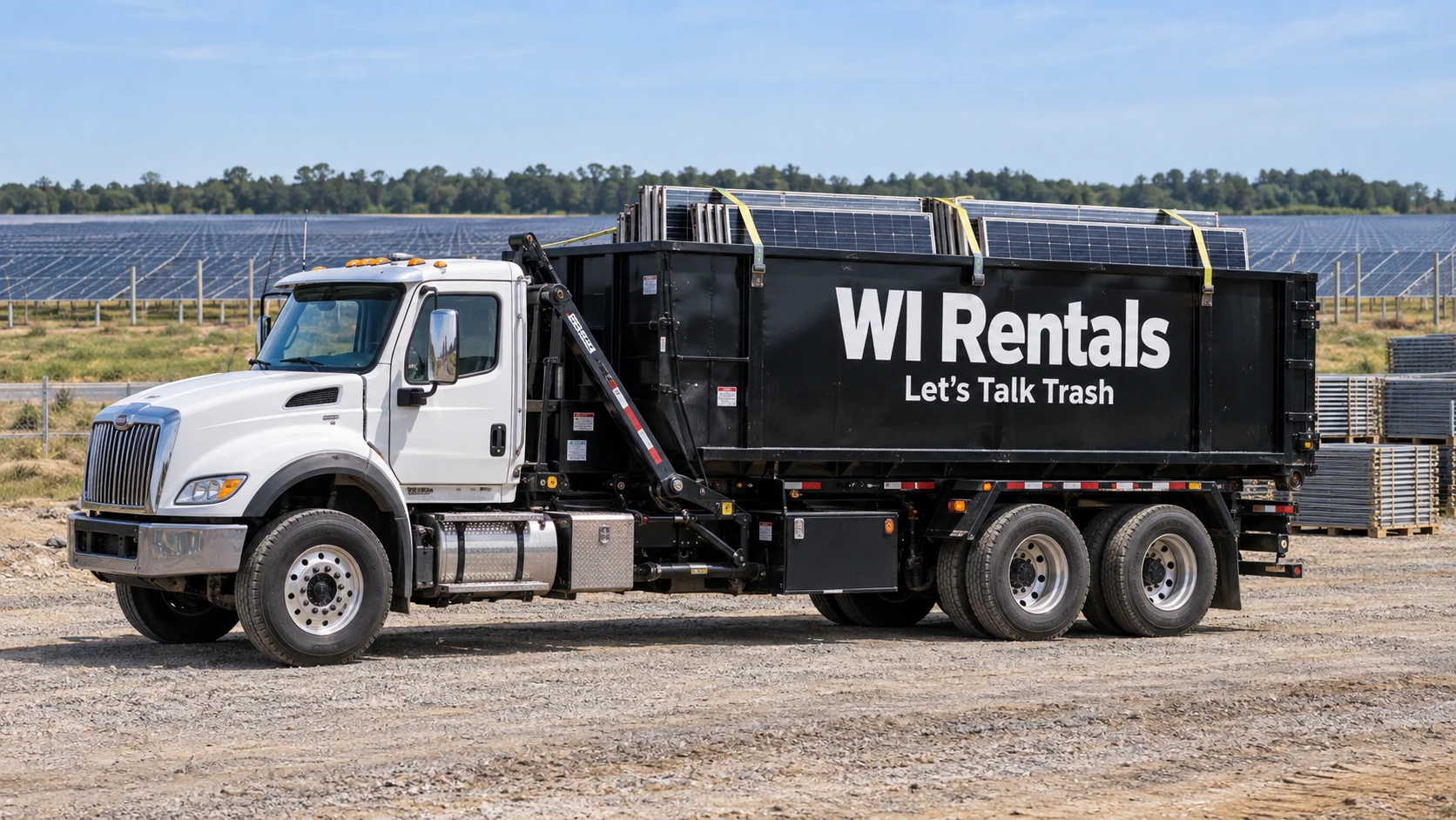 Illustrative WI Rentals roll-off dumpster carrying removed solar panels, with white Let’s Talk Trash lettering