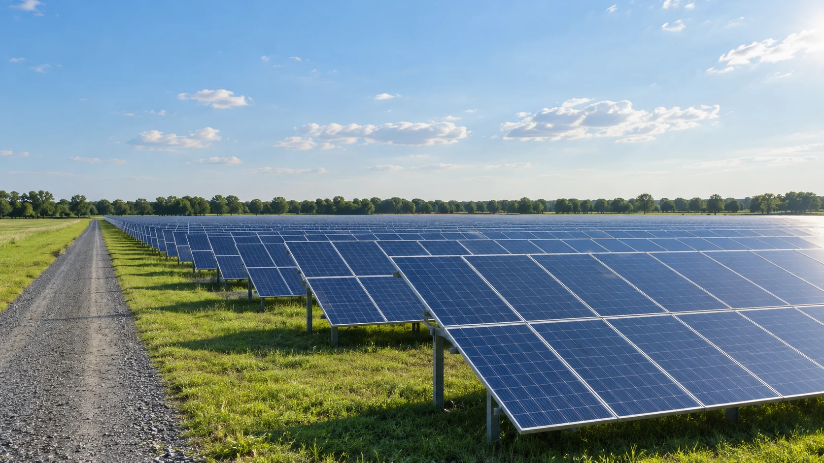 Illustrative ground-mounted solar panels and rural service lane for WI Rentals St. Charles solar hauling services
