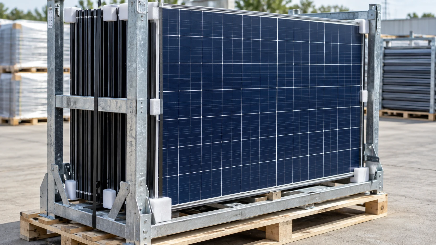 Illustrative solar panels secured in a rack for transport