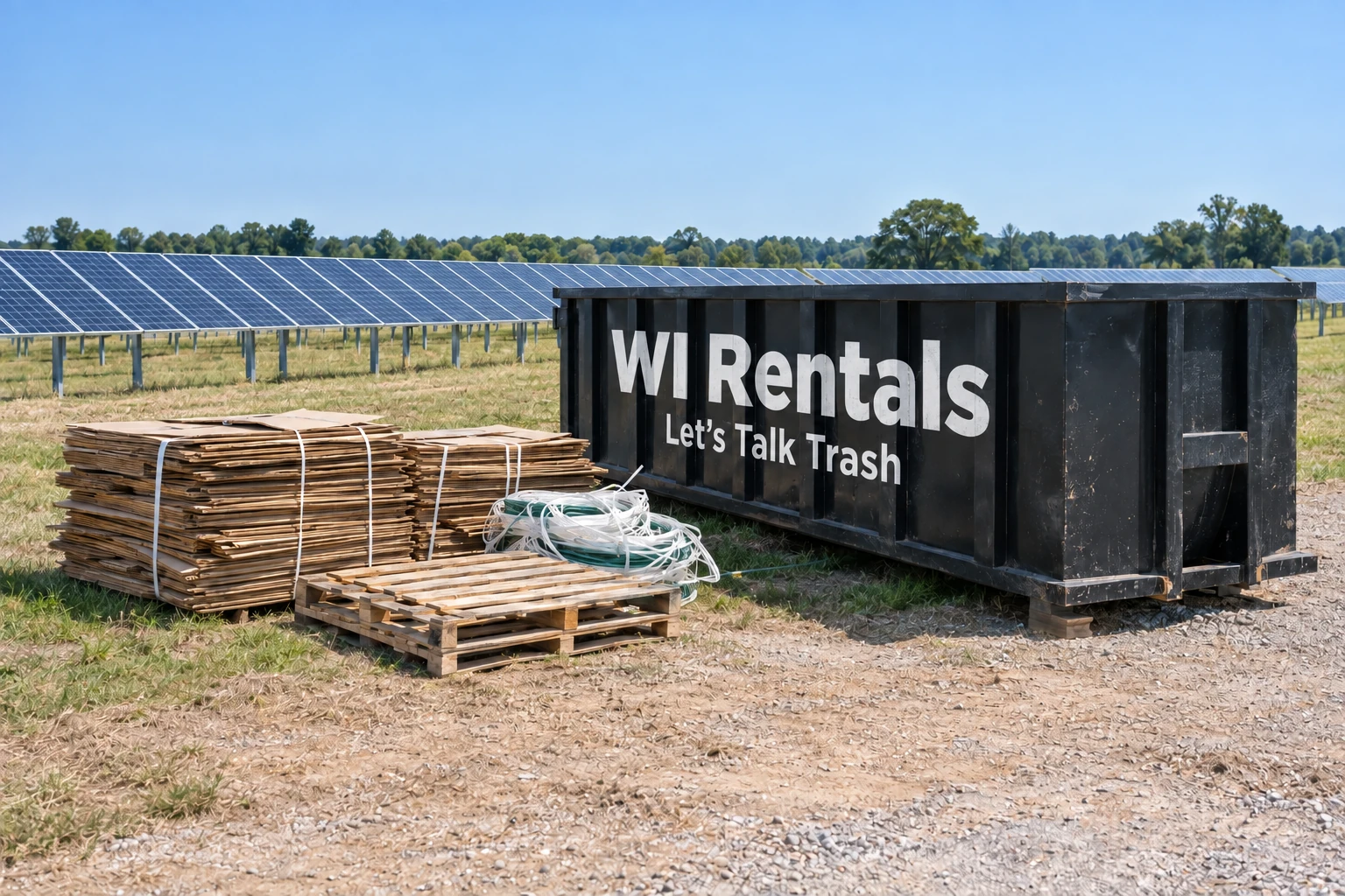 WI Rentals dumpster with white Let’s Talk Trash lettering beside solar installation cleanup materials